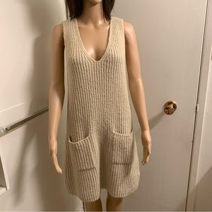 Kersh Cream V-Neck Knit Sweater Dress with Pockets